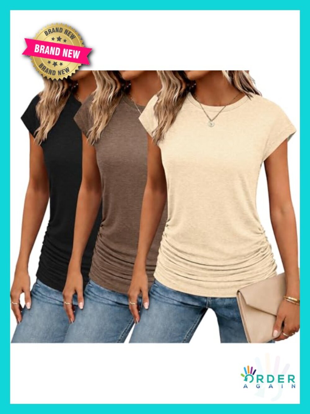 Women's Ruched Cap Sleeve Tunic T-Shirt Polyester Blend Crew Neck
